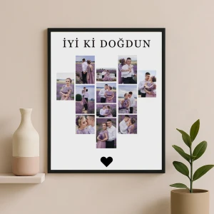 İyi Ki Doğdun Kalpli 12 Fotoğraflı Kolaj Çerçeve – 40x55 cm