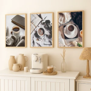 Kahve ve Kitap Molası – 3’lü Ahşap Çerçeve Seti - 30x40 cm