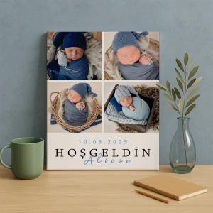 4 Fotoğraflı “Hoş Geldin Bebek” Kanvas – Erkek Bebek (30x40 cm)
