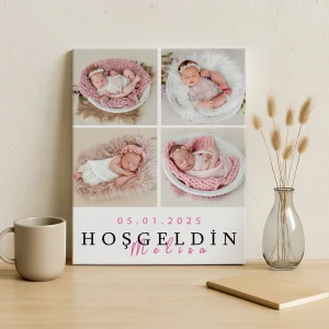 4 Fotoğraflı “Hoş Geldin Bebek” Kanvas – Kız Bebek (30x40 cm)